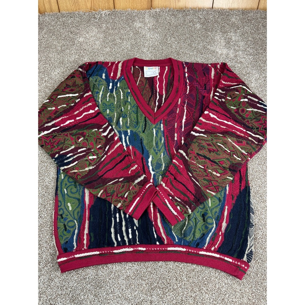 Coogi V-Neck Sweater Men's Small Oversized 3D 100% Cotton Austraila Vintage